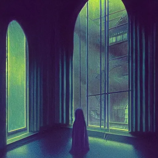 Image similar to Modern interior with arched windows, neon lighting, cyberpunk, dramatic, fantasy, by Moebius, by zdzisław beksiński, Fantasy LUT, epic composition,