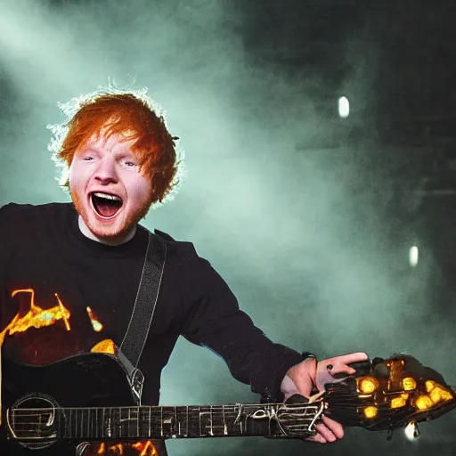Prompt: Ed Sheeran as a giant destroying a city