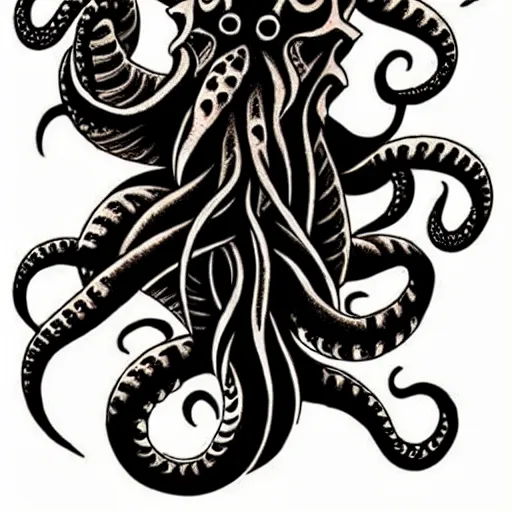 Image similar to american traditional abstract tattoo art of cthulhu playing praying, sheet paper