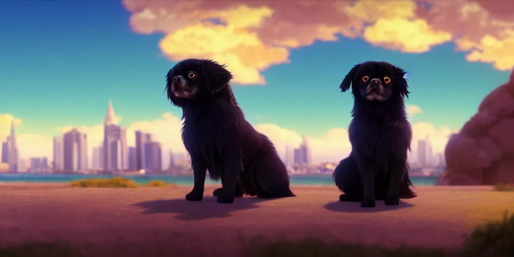 Image similar to a wholesome animation key shot of a black tibetan spaniel, spanish riviera in the background, studio ghibli, pixar and disney animation, sharp, rendered in unreal engine 5, anime key art by greg rutkowski, bloom, dramatic lighting