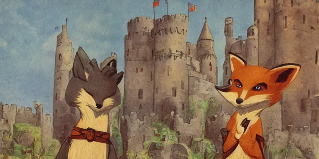 Image similar to anthropomorphic fox who is a medieval knight in front of a castle 1 9 3 0 s film still, ladislas starevich