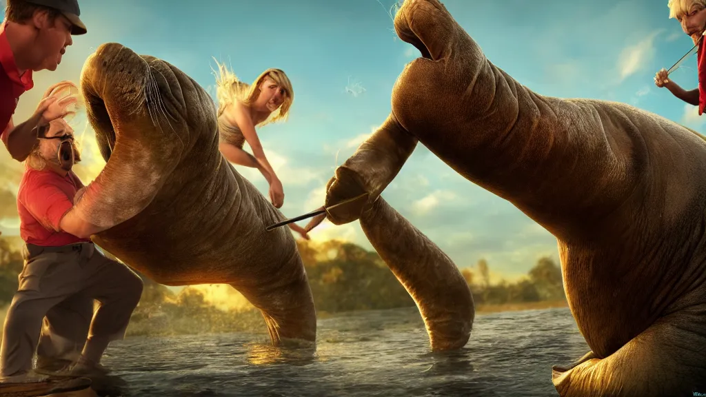 Image similar to a walrus attacking a blond golfer, fantasy artwork, hd, hdr, ue 5, ue 6, unreal engine 5, cinematic 4 k wallpaper, 8 k, ultra detailed, high resolution, artstation, award winning