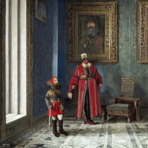 Prompt: Ivan the Terrible in his palace in Moscow is sneaking up on his son with an intention to kill him, wide angle, high detail, in style of Greg Rutkowski, width 768