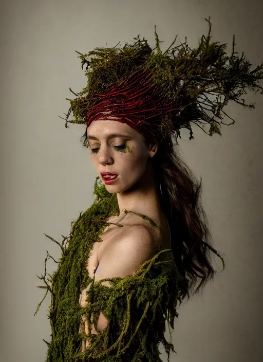 Prompt: a photo of a female model, organic headpiece, ornamental, red cherries, dried fern, dried vines, horn, dried moss, fashion photography, realistic, hyperdetails, dark grey backdrop studio, body draped in moss, costume made of tree bark and moss, skin painted with green