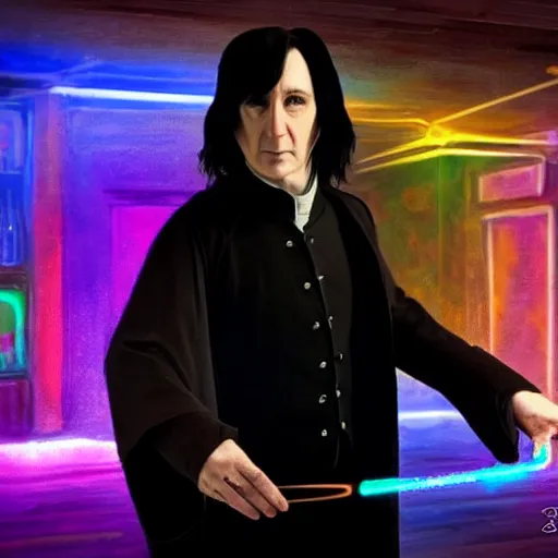 Image similar to Severus Snape dances in a bar, neon, realistic, full body, very detailed, super realistic