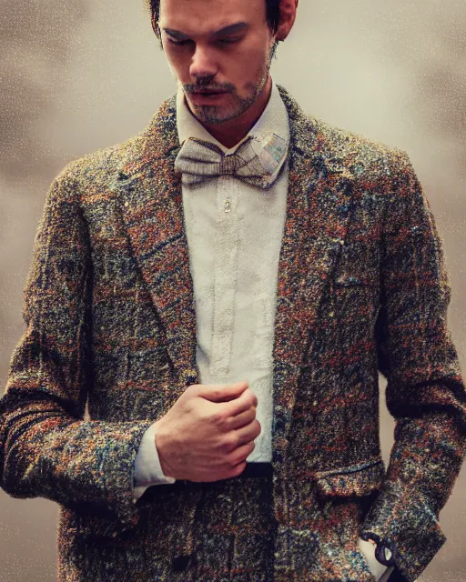 Prompt: a 35mm photograph of a man wearing a tweed jacket, by Leon Tukker, Makoto Kobayashi, 8k high detail, masterpiece, trending on ArtStation