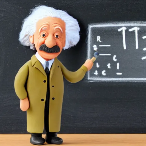 Prompt: claymation miniature scene of albert einstein standing in front of miniature blackboard writing the formula for general relativity with chalk, anatomically correct, hands retouched