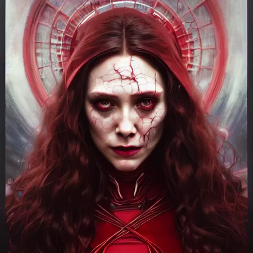 Image similar to portrait painting of wanda maximoff scarlet witch as a zombie, ultra realistic, concept art, intricate details, eerie, highly detailed, photorealistic, octane render, 8 k, unreal engine. art by artgerm and greg rutkowski and charlie bowater and magali villeneuve and alphonse mucha