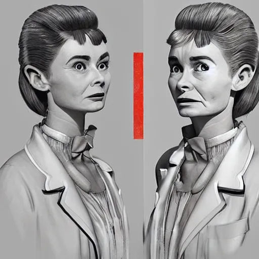 Prompt: a highly detailed epic cinematic concept art CG render digital painting artwork costume design: Audrey Hepburn as a 1950s crazy mad scientist lunatic in a lab coat, with wild unkempt hair. By Mandy Jurgens, Simon Cowell, Barret Frymire, Dan Volbert, David Villegas, Irina French, Heraldo Ortega, Rachel Walpole, Jeszika Le Vye, trending on ArtStation, excellent composition, cinematic atmosphere, dynamic dramatic cinematic lighting, aesthetic, very inspirational, arthouse