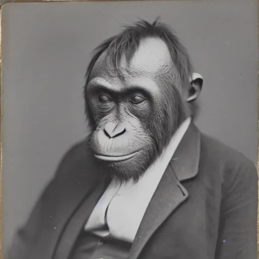 Prompt: An old orangutan in a suit, daguerrotype