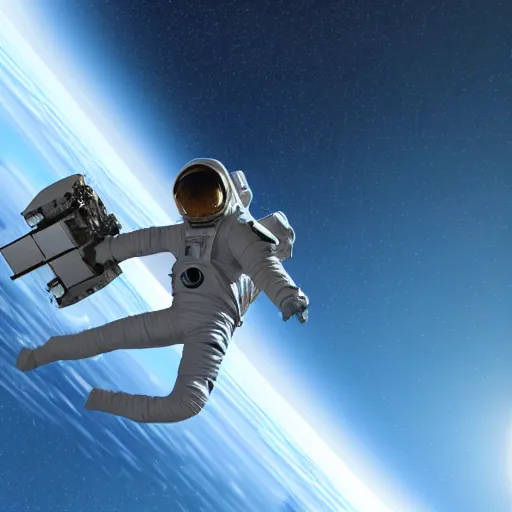 Image similar to 3 d render of an astronaut flying with nothing but space and stars around him,