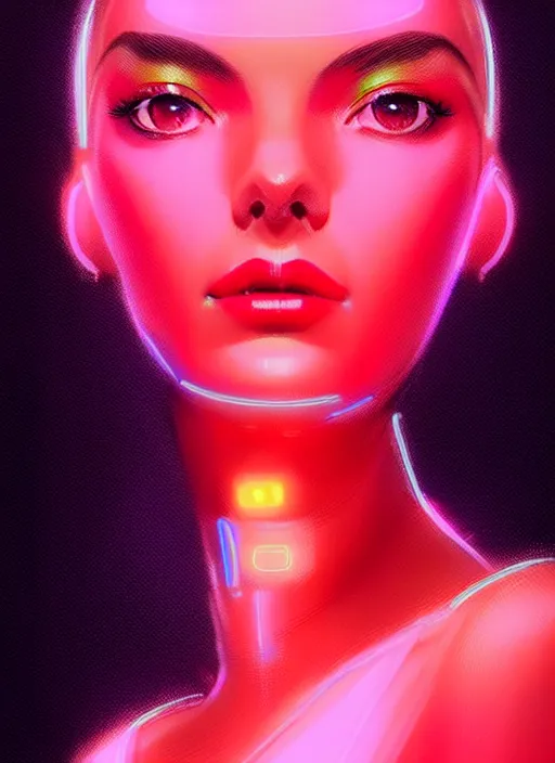 Image similar to portrait of female humanoid, intricate, retro 6 0 s fashion, elegant, cyber neon lights, highly detailed, digital photography, trending in artstation, trending in pinterest, glamor pose, concept art, smooth, sharp focus, art by artgerm and greg rutkowski