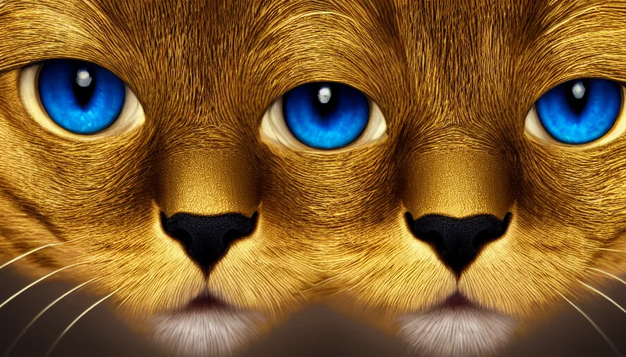 Prompt: Face of a gold cat with blue eyes, hyperdetailed, artstation, cgsociety, 8k