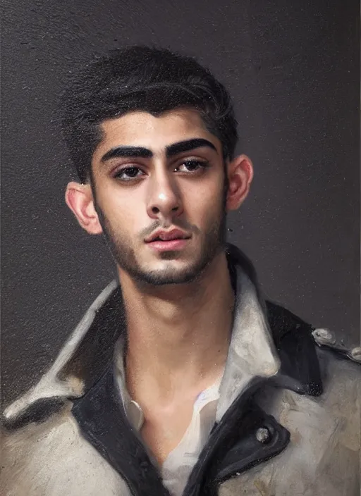 Prompt: head and shoulders portrait painting of young man who looks like zayn malik as an elf by jeremy mann, wearing leather napoleonic military style jacket, only one head single portrait, pointy ears, dark background, soft top lighting