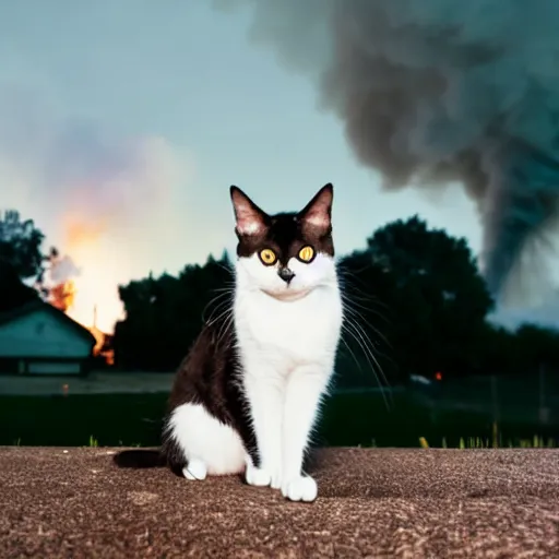 Image similar to an adorable ominous cat sitting in the yard of a home that is blazing on fire in the background behind the cat, cinematic, DSLR, evening