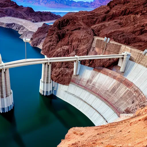 Image similar to looking down at the Hoover Dam and Lake Mead and the Colorado River, the Dam is covered with scaffolding and informal settlements hanging along the sides, windows illuminated, in style of Norman Foster, cinematic lighting, light rays, ultra realistic, photorealistic, volumetric lighting, photography