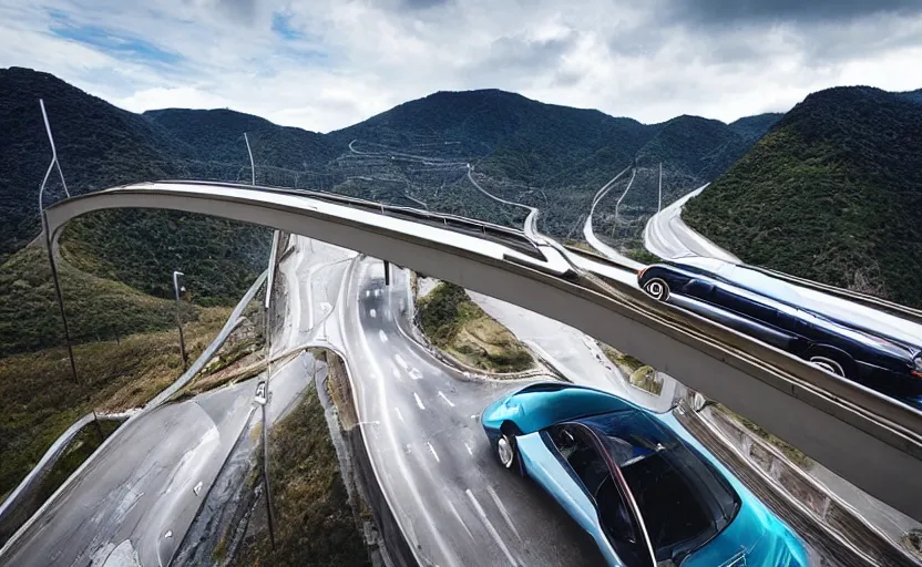 Image similar to futuristic car driving on elevated highway above a valley made of chrome tiles