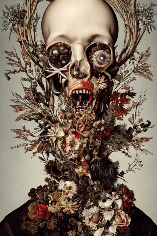 Prompt: Detailed maximalist portrait with large lips and with large white eyes, exasperated expression, botany bones, HD mixed media, 3D collage, highly detailed and intricate, surreal illustration in the style of Caravaggio, dark art, baroque