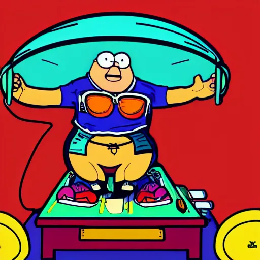 Image similar to svg sticker of a Family-Guy Peter-Griffin at a rave, spinning records, giant headphones rocking out, wearing headphones, huge speakers, dancing, rave, DJ, spinning records, digital art, amazing composition, rule-of-thirds, award-winning, trending on artstation, featured on deviantart