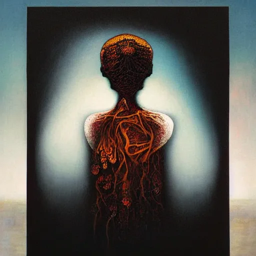 Image similar to dramatic portrait painting of woman with black mandelbrot fractal instead of face, in style of zdzisław beksinski, horror, body horror, dark, disturbing,
