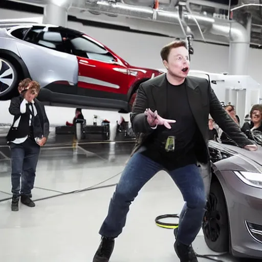 Prompt: Elon Musk fighting his last battle against an army of Tesla Bots