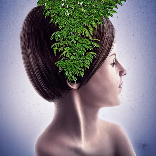 Image similar to hair made of leaves human head in the porcelain pot, Harry Potter, roots, herbology, on the table in greenhouse, in the ray of sunshine, digital art, sharp focus, high detailed, calm, warm lighting, sparkles, by Rutkowsky,