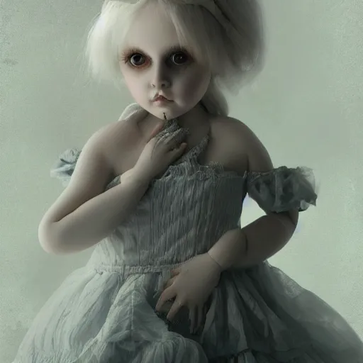 Prompt: porcelain doll with a spirit trapped inside stares intently into the camera, endless gaze, nightmare digital art, artstation, ultra detailed, beautiful aesthetic art