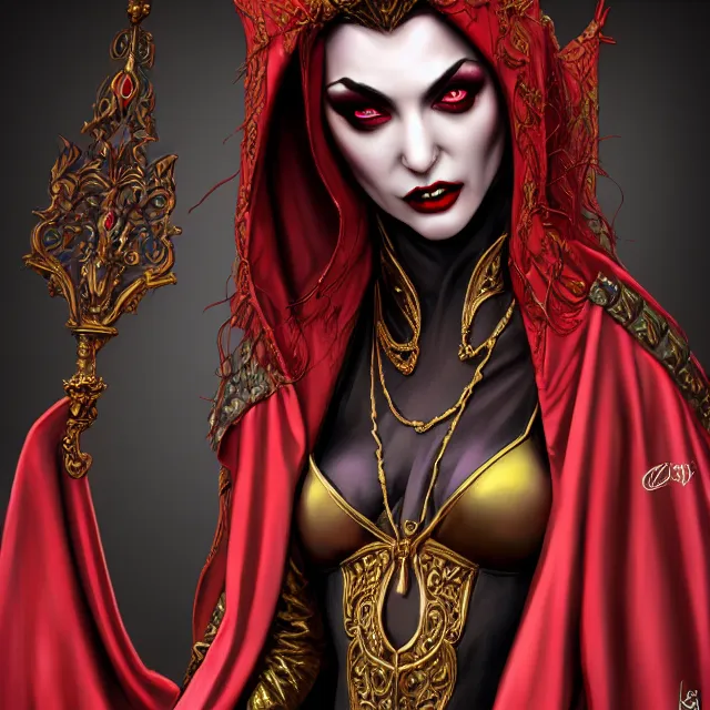 Prompt: beautiful vampire queen in ornate robes, highly detailed, 8 k, hdr, award - winning, trending on artstation, clayton crain, photorealistic