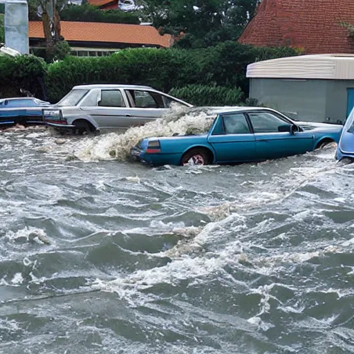 Image similar to a photo of a tsunami sweeping away buildings and early 2 0 0 0 s and 1 9 9 0 s cars as well as 1 9 7 0 s and 5 0 s cars and debris is in the water, water is unnaturally clear and teal.