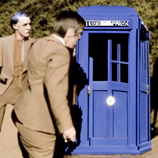 Image similar to color photo of mr spock exiting the tardis