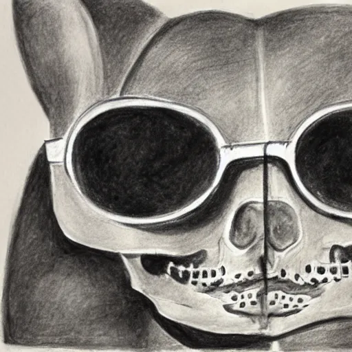 Prompt: a pencil water color drawing of a skeleton cat with sunglasses in new york