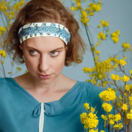 Prompt: a portrait of beautiful nordic woman wearing a white folkdrakt dress. wearing headband of small yellow flowers. teal blue background