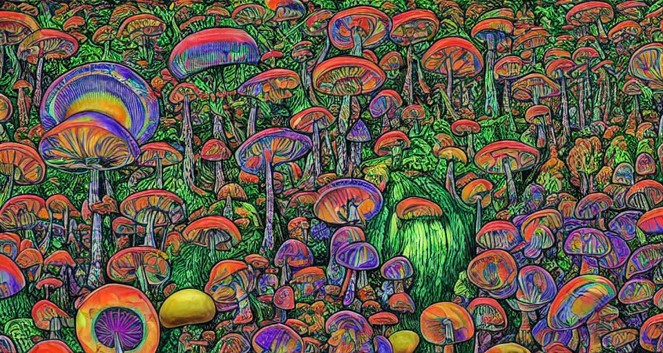 Image similar to A tribal village in a forest of giant mushrooms, by Alex Grey ,