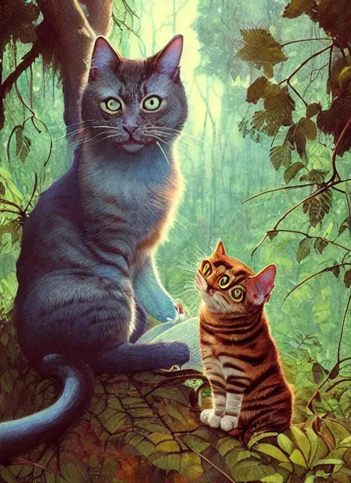 Image similar to a hyper realistic illustrated cat with happy lighting playing in the woods gorgeous lighting, sunbeams blue sky, lush forest foliage painting by chiara bautista and beksinski and norman rockwell and greg rutkowski weta studio, and lucasfilm