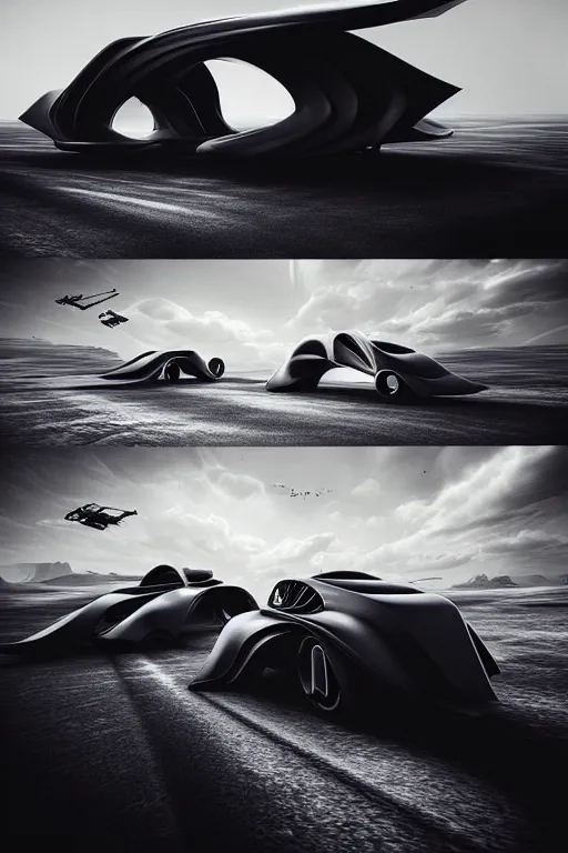 Prompt: zaha hadid buildings in the middle of a mad max desert scene with futuristic car, trending on artstation, cinematic matte painting, dark moody monochrome colors, featured on behance