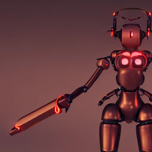 Image similar to nymph render of a very cute 3d robot machine from nier automata, red eyes, made of iron, full round face, short smile, golden hour, desert setting, medium shot, mid-shot, highly detailed, trending on Artstation, Unreal Engine 4k
