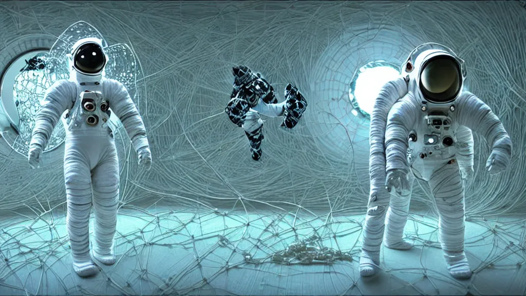 Image similar to a cybernetic symbiosis of a single astronaut eva suit made of pearlescent wearing knitted yarn thread infected with diamond 3d fractal lace iridescent bubble 3d skin covered with stalks of insectoid compound eye camera lenses floats through the living room, film still from the movie directed by Denis Villeneuve with art direction by Salvador Dalí, wide lens,