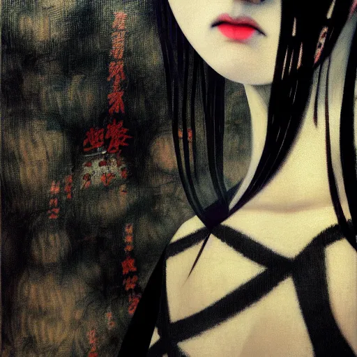 Prompt: yoshitaka amano blurred and dreamy realistic portrait of a young woman with black lipstick and black eyes wearing dress suit with tie, junji ito abstract patterns in the background, face in three quarter view, satoshi kon anime, noisy film grain effect, highly detailed, renaissance oil painting, weird portrait angle, blurred lost edges