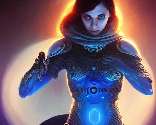 Image similar to photography of alia atreides of the knife, completely blue glowing eyes, deep focus, dune, science fiction, intricate, elegant, highly detailed, digital painting, artstation, concept art, matte, sharp focus, illustration, hearthstone, art by artgerm and greg rutkowski and alphonse mucha