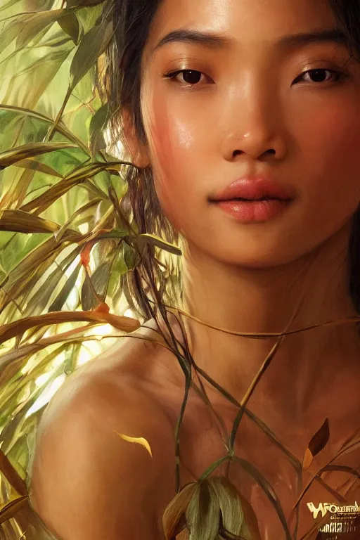 Image similar to stunningly beautiful, filipina prima ballerina in jungle, symmetrical face, golden hour, smooth, focus, highly detailed, hyper realistic, dramatic lighting, elegant, intricate, concept art, low angle, art by wlop, mars ravelo, greg rutowski, artstation