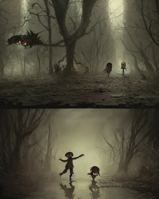 Prompt: a child zombie walking toward a scared teenager that fell on the ground realistic concept art, hd, high quality by jean baptiste monge, dan mumford, greg rutkowski