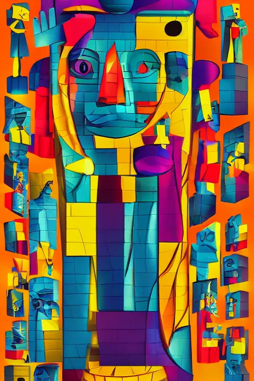 Image similar to cubist moai statue cutout digital illustration cartoon colorful beeple