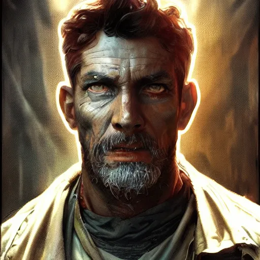 Prompt: portrait painting of a post apocalyptic man, ultra realistic, concept art, intricate details, eerie, highly detailed, fallout, wasteland, photorealistic, octane render, 8 k, unreal engine 5. art by artgerm and greg rutkowski and alphonse mucha