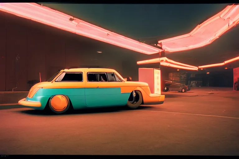 Image similar to stylized poser of a single 1955 Volkwagen GTI, thick neon lights, ektachrome photograph, volumetric lighting, f8 aperture, cinematic Eastman 5384 film