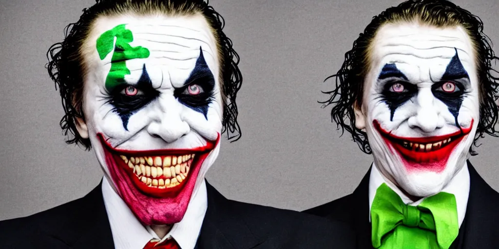 Image similar to joker wearing a suit style, photograph, grinning, creepy,