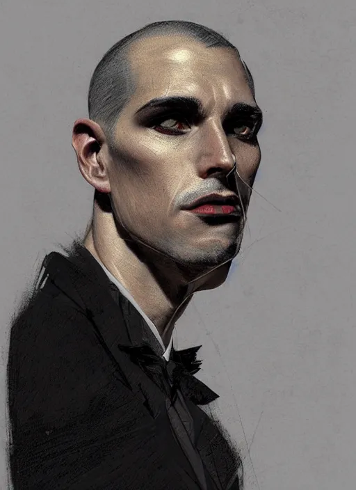 Prompt: portrait of a man with a crooked nose and a confident expression, 1 9 6 0 s, black clothes, goth, punk, funk, intricate, elegant, highly detailed, digital painting, artstation, concept art, smooth, sharp focus, illustration, art by wlop, mars ravelo and greg rutkowski