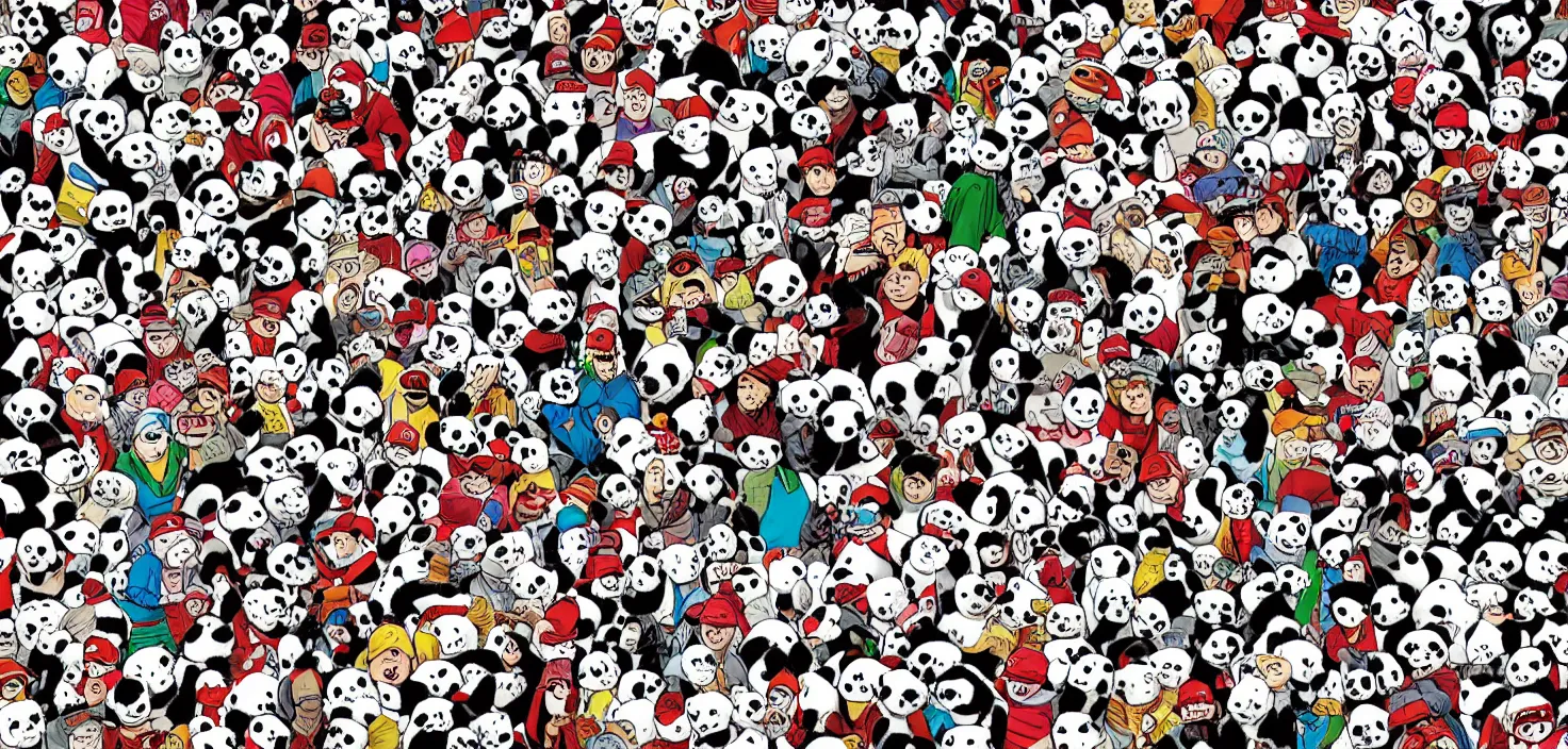 Image similar to a where's Wally challenge but with pandas, comic book style