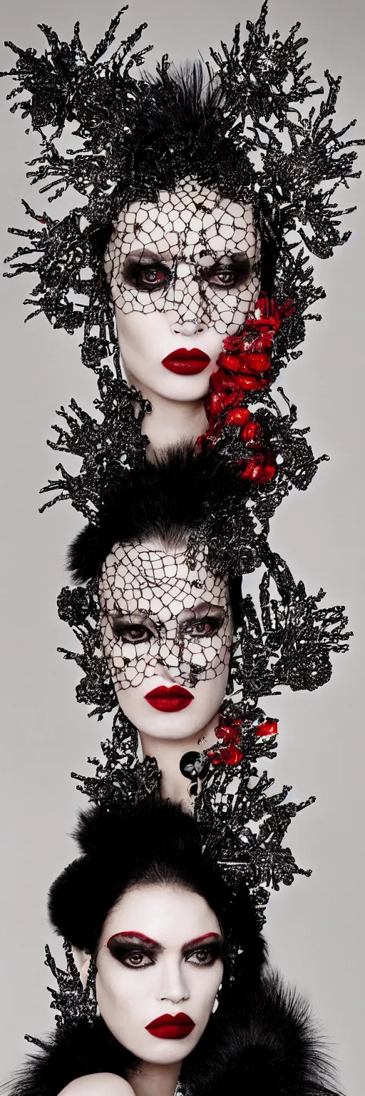 Image similar to a photograph of a woman with dark make-up around her eyes and red lipstick with slicked-back black hair wearing an outrageous Alexander McQueen mesh face jewelry across her face, encrusted with hanging beads and diamonds, haute couture, high fashion, Eiko Ishioka