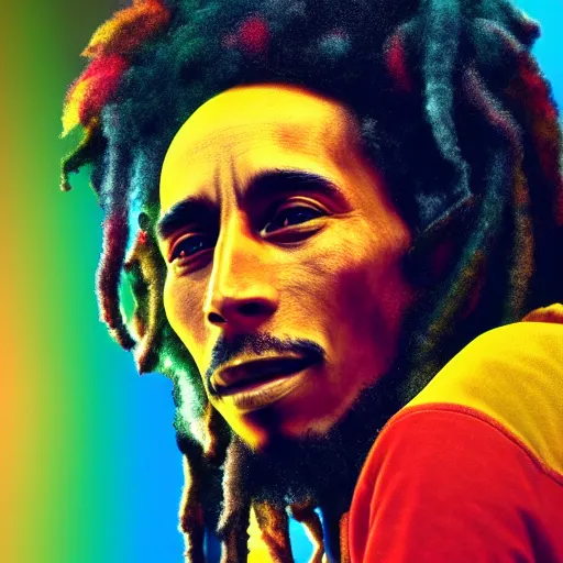 Image similar to colour masterpiece surreal closeup portrait photography of bob marley, highly detailed, smoke background, artstation, octane rendering, 8 k