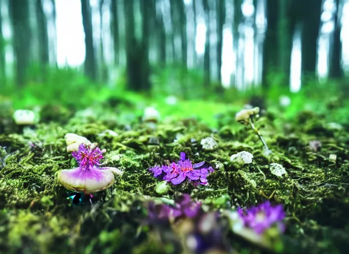 Image similar to a fantasy forest on an alien planet with delicate flowers and mushrooms that glow in the dusk, macro close up, bokeh,